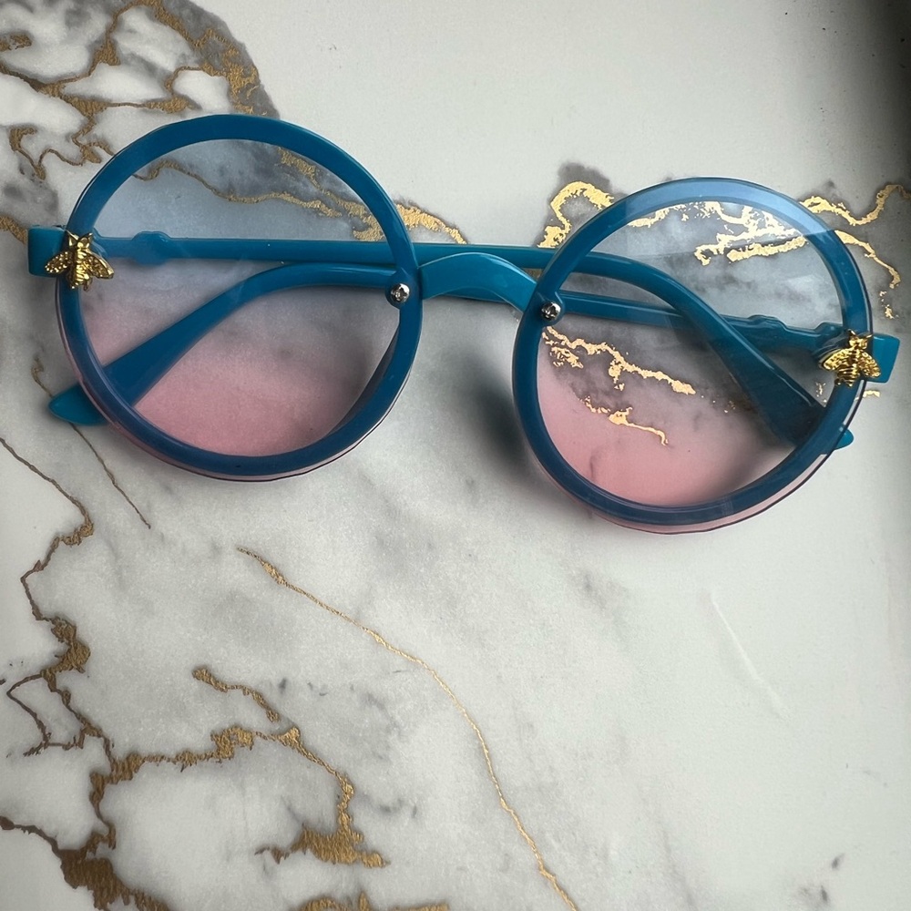 Girls Blue Round Sunglasses with Bee Charm